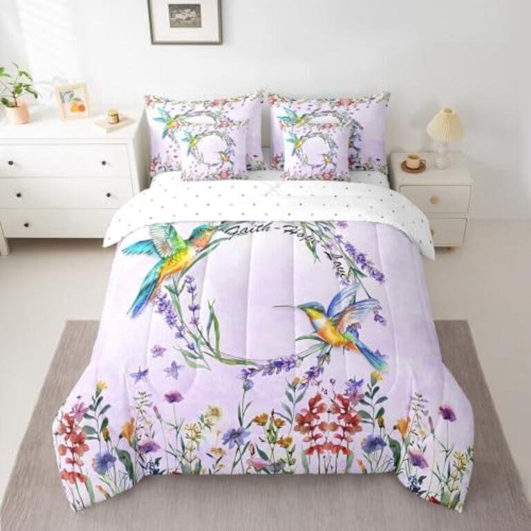 Feelyou Hummingbird Comforter Set, Twin Size, 7 Pieces, Light Purple