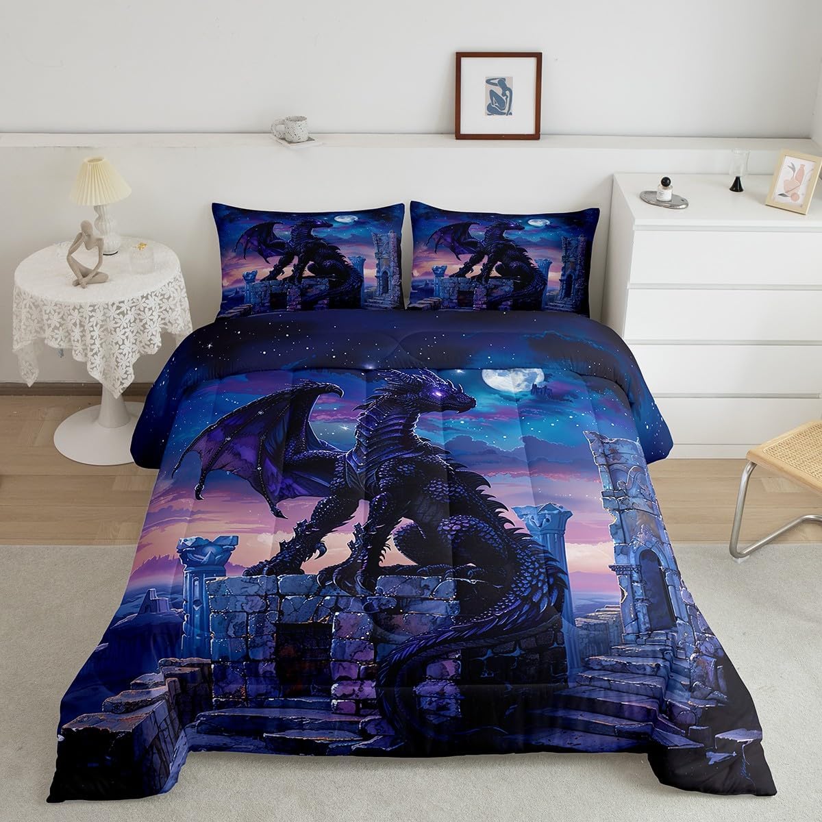 Feelyou Dragon Comforter Set Twin Size Moon Light Dragon