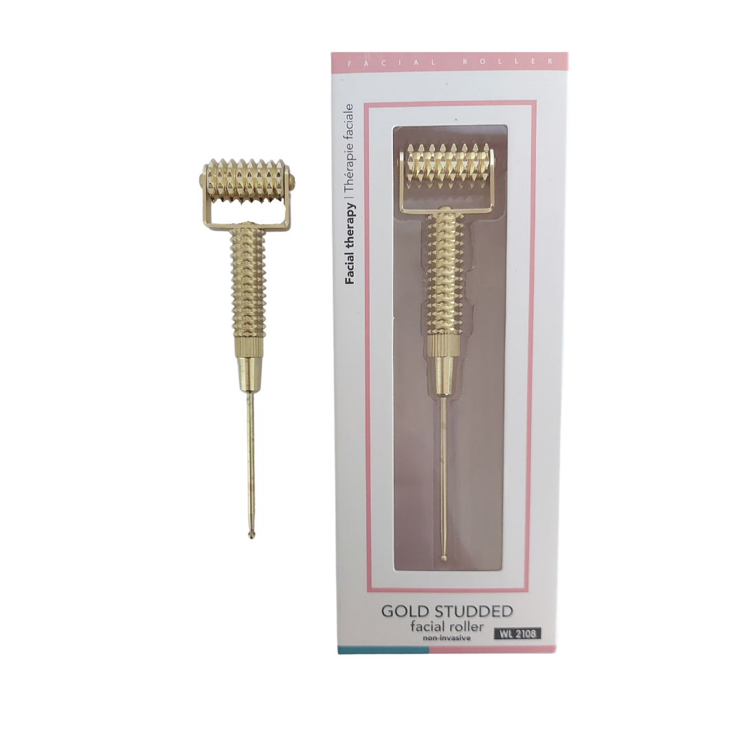 Gold studded facial roller non-invasive