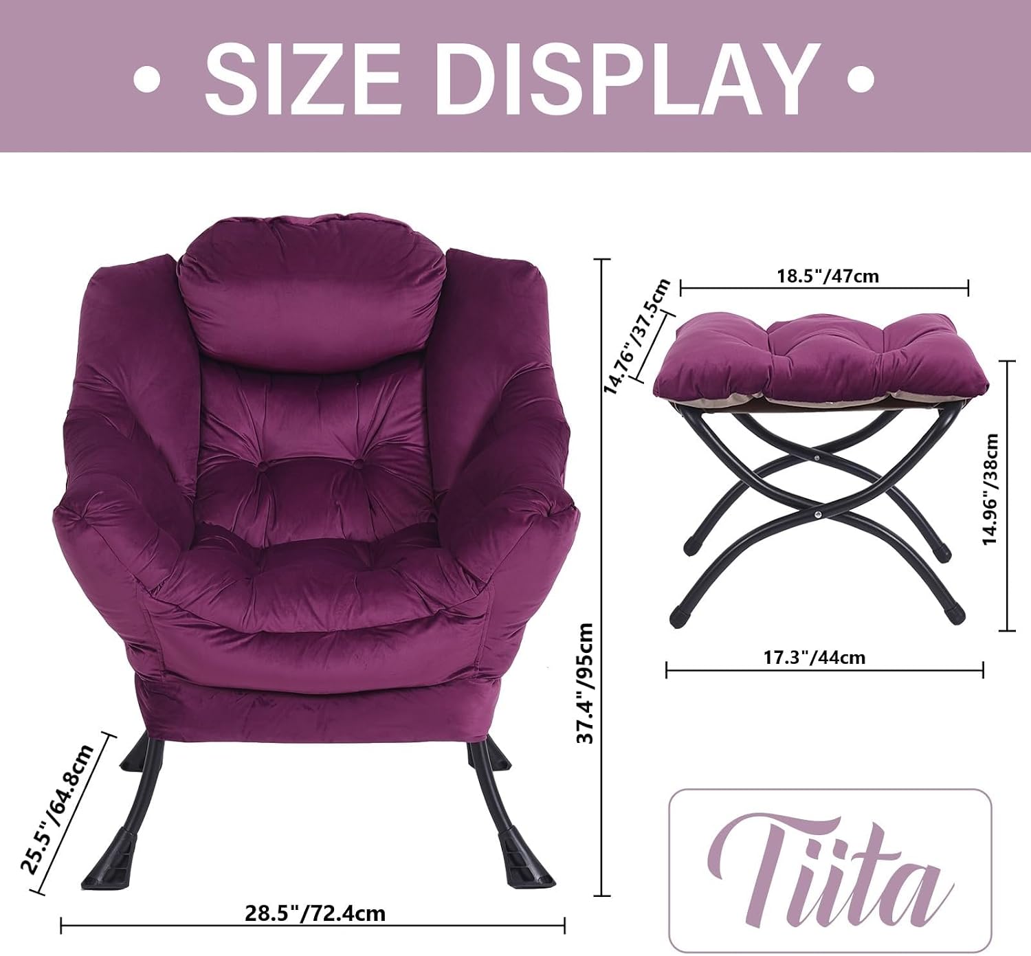Lazy Chair with Ottoman, Comfy Reading Accent Chair, Dark Purple
