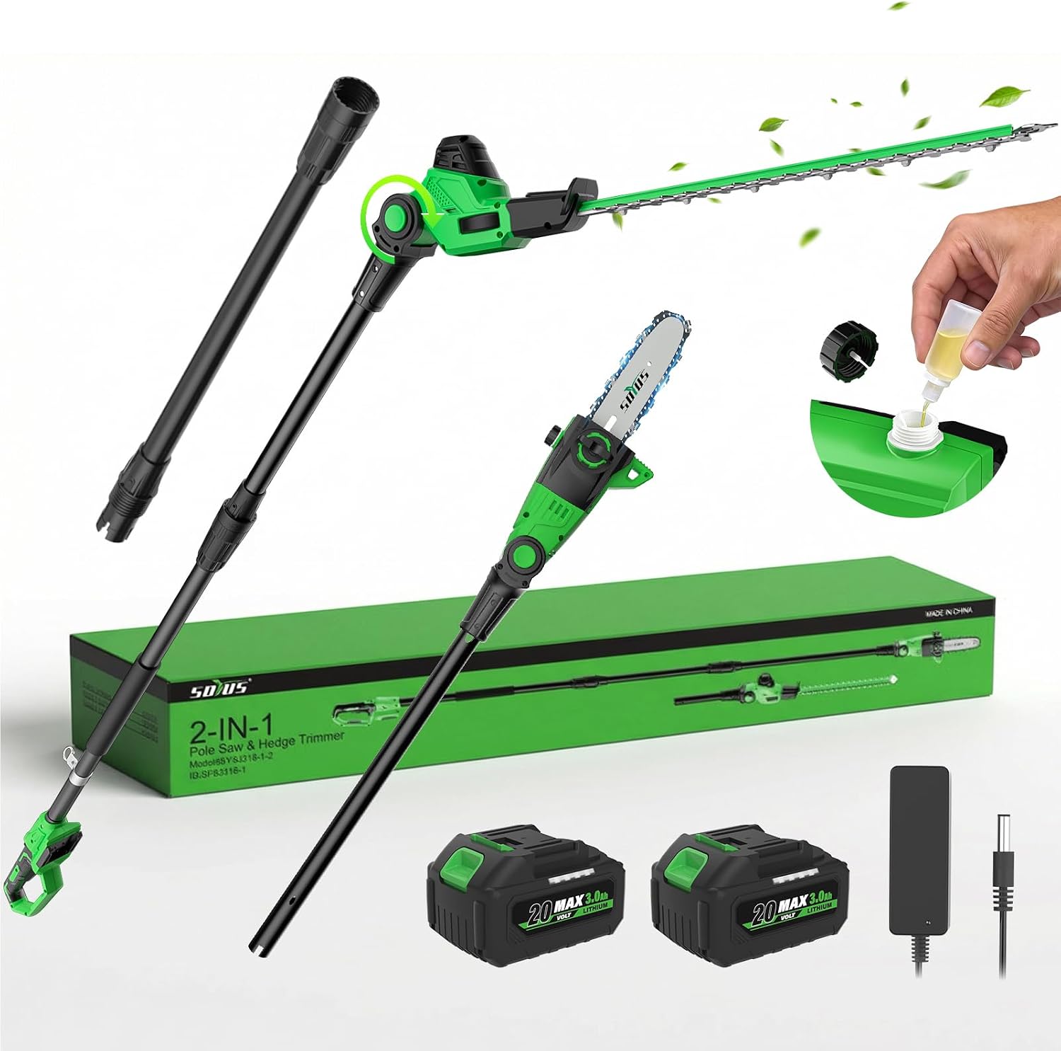 SOYUS 2-in-1 8-Inch Pole Saw & 18-Inch Pole Hedge Trimmer 2x 3.0Ah Battery, SY8J318-1-2