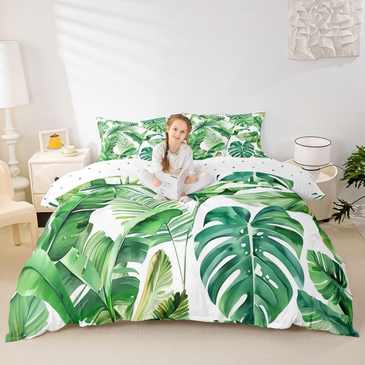 Feelyou Palm Leaf Duvet Cover Queen Size Kids, Botanical Branches Summer