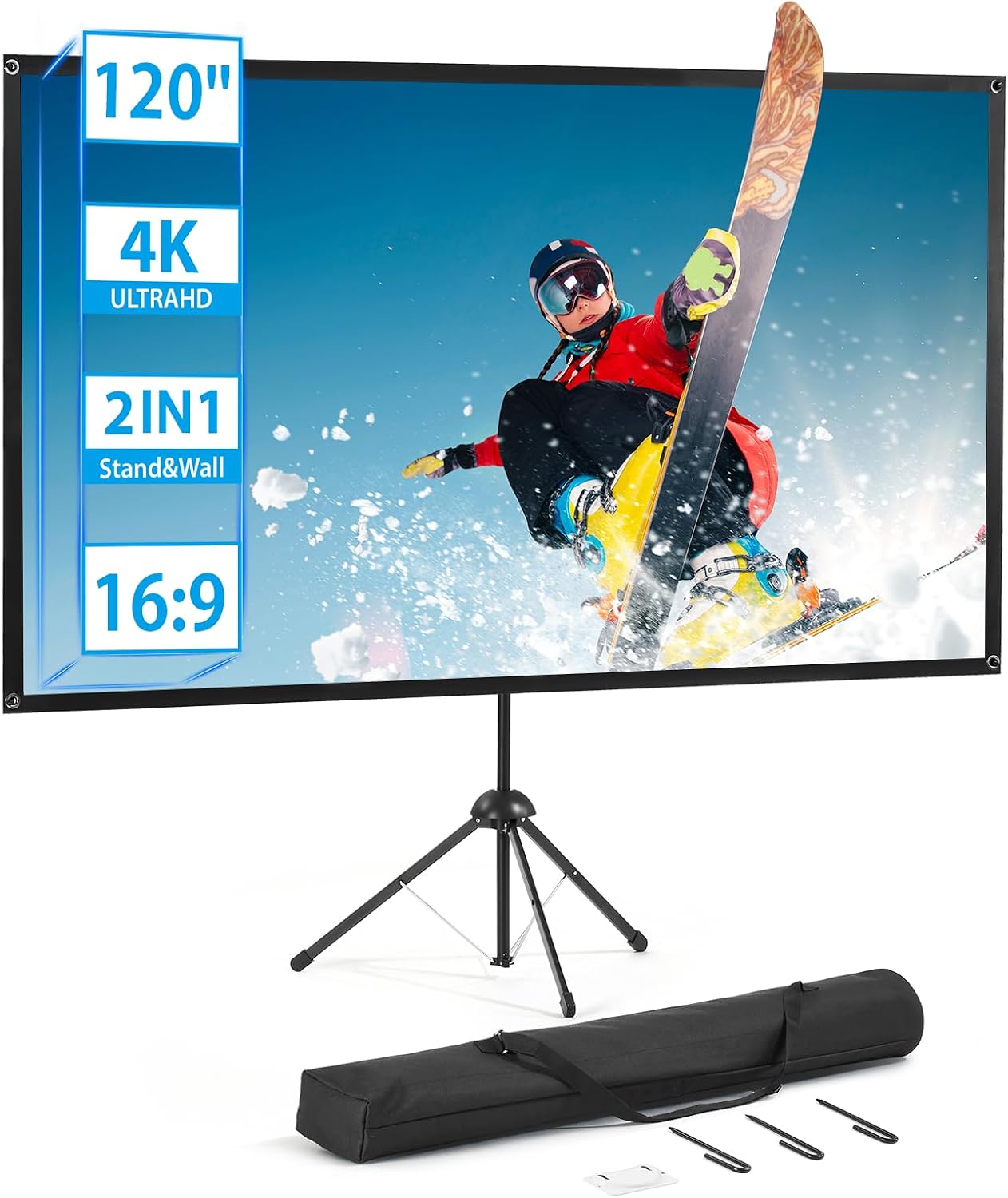 Projector Screen with Stand, Outdoor Projector Screen 16:9 and Tripod Stand, Backyard, (120 Inch).