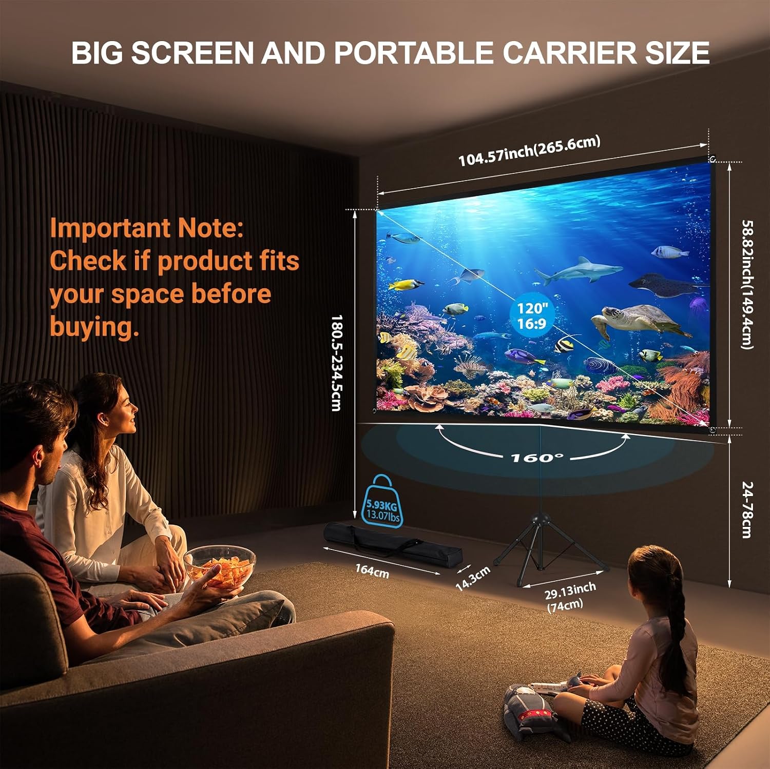 Projector Screen with Stand, Outdoor Projector Screen 16:9 and Tripod Stand, Backyard, (120 Inch).