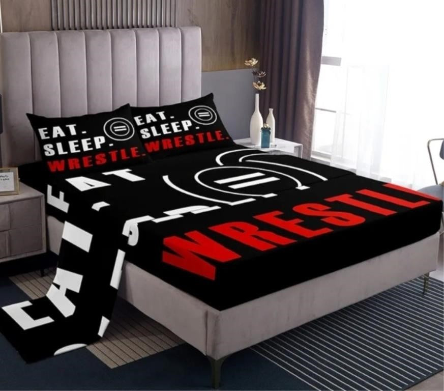 Feelyou Wrestle Bed Sheet Set Sports Theme, Full Size, Set 4Pcs, Black