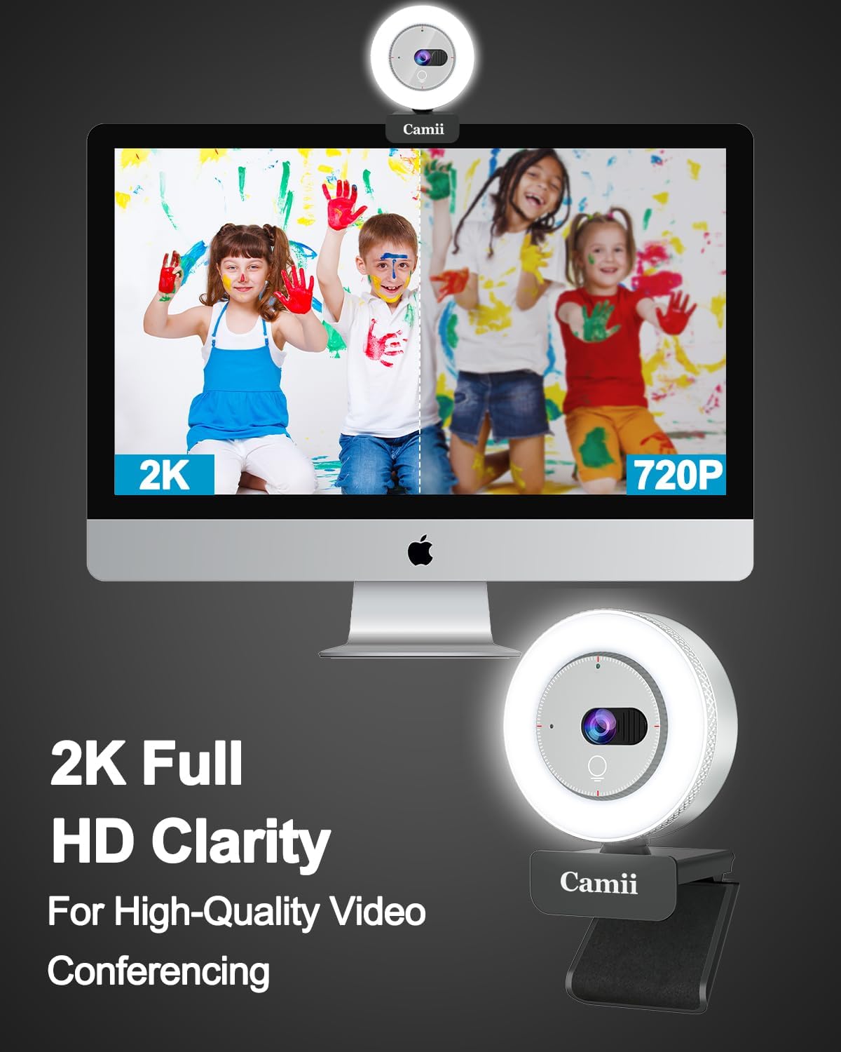 Camii 2K Webcam with Light, HD Webcam for PC with Built-in Privacy Cover