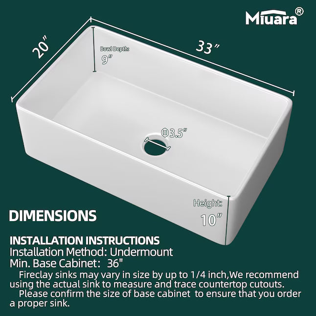 Miuara Farmhouse Sink 33 Inch. 33"x20"x10"