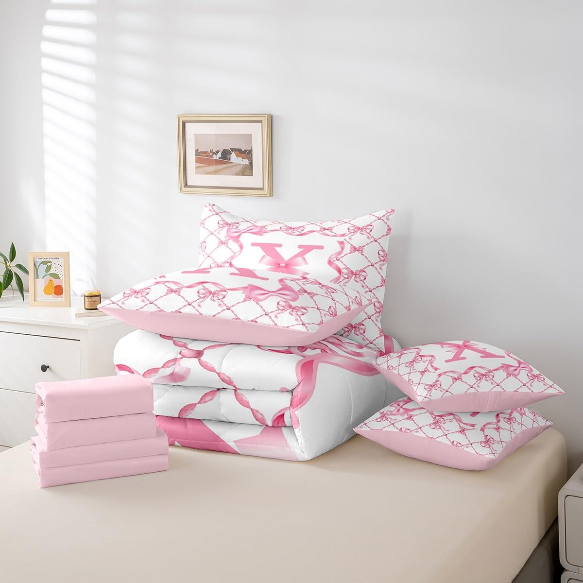 Erosebridal 7Pcs Pink Bow Bed, Queen Size, Initial Letter X