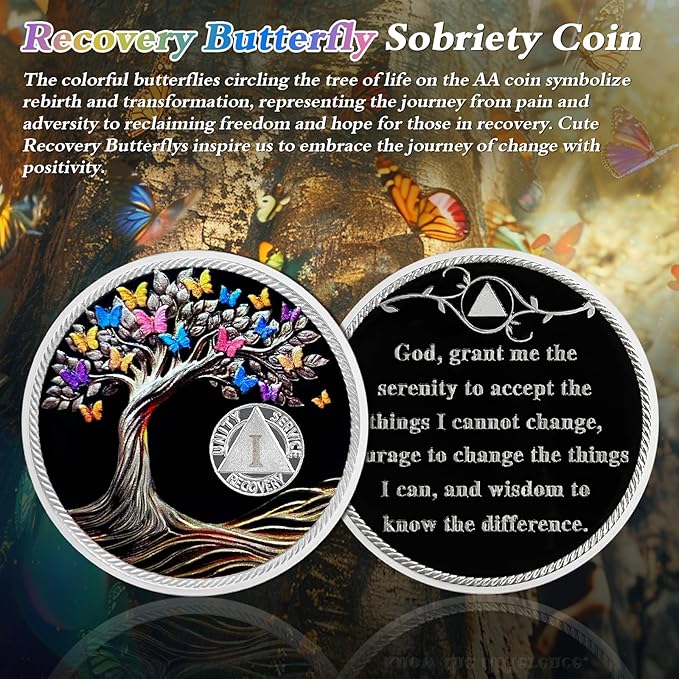 Delicate 1 Hours Sobriety Coin Recovery Butterfly Tree of Life AA Coins