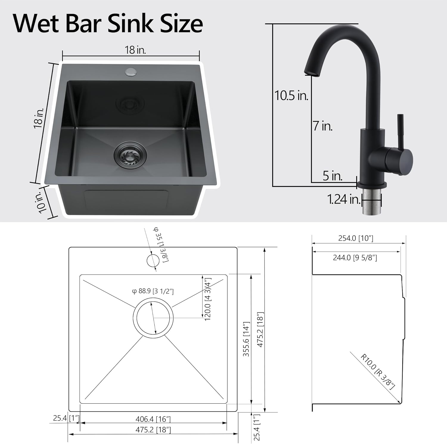 18 x 18 Inch Balck Drop in Bar Sink, 18 Inch T