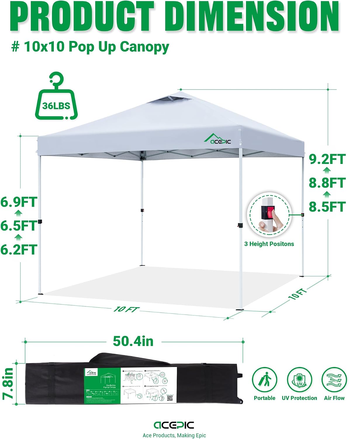 Acepic 10x10 Pop Up Canopy Tent, Silver White