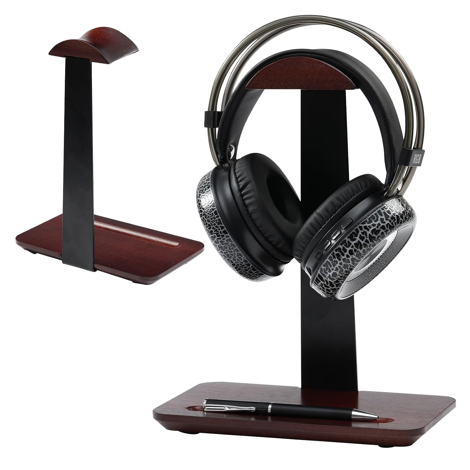 Vruelia Walnut Headphone Stand, 2-in-1 Wood Headset Stand