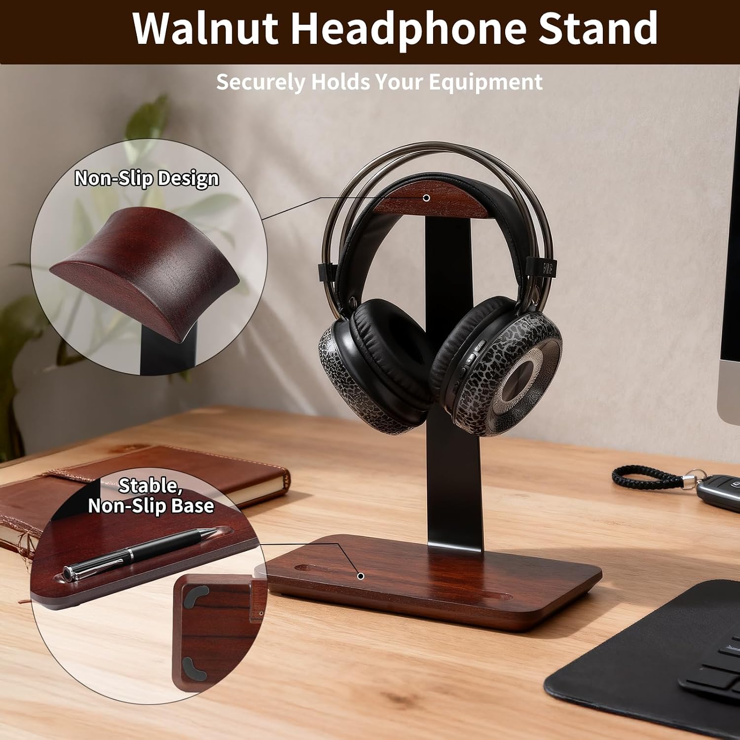 Vruelia Walnut Headphone Stand, 2-in-1 Wood Headset Stand