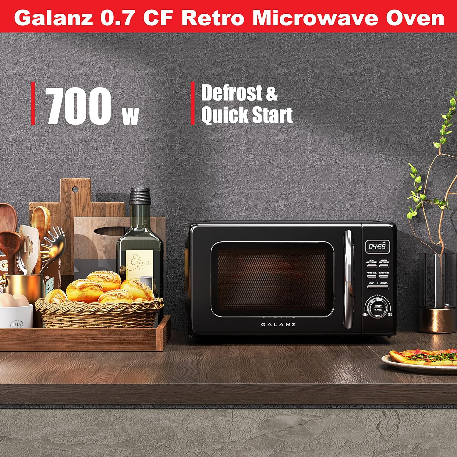 Galanz GLCMKZ07BKR07 Retro Countertop Microwave Oven, 0.7 cu ft, Black