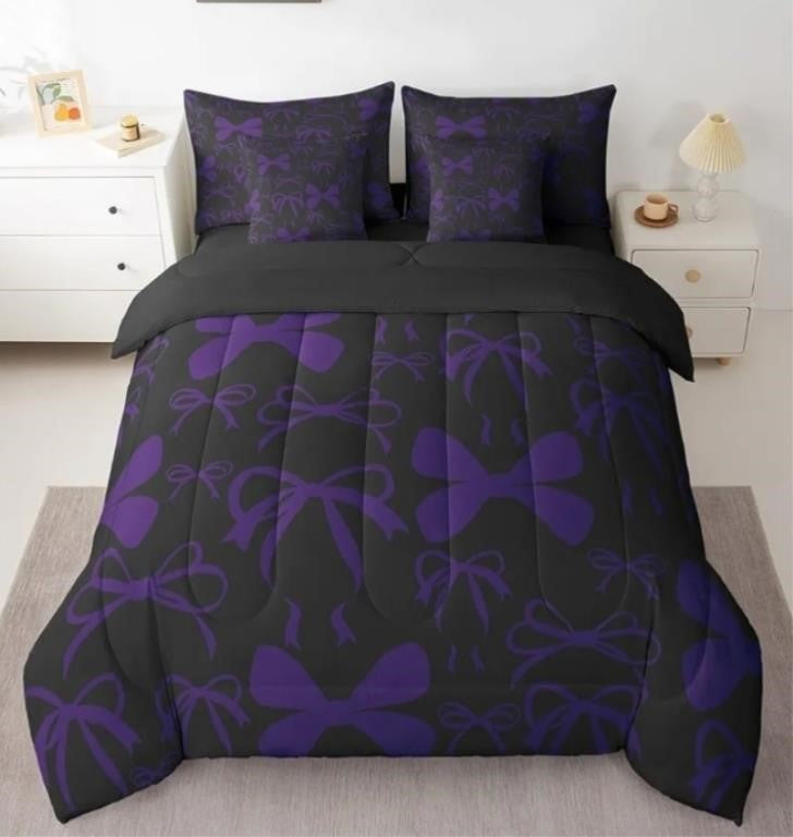 Feelyou Cute Bowknot Bedding Set, Queen Size Bow 7 Pieces, Black Purple