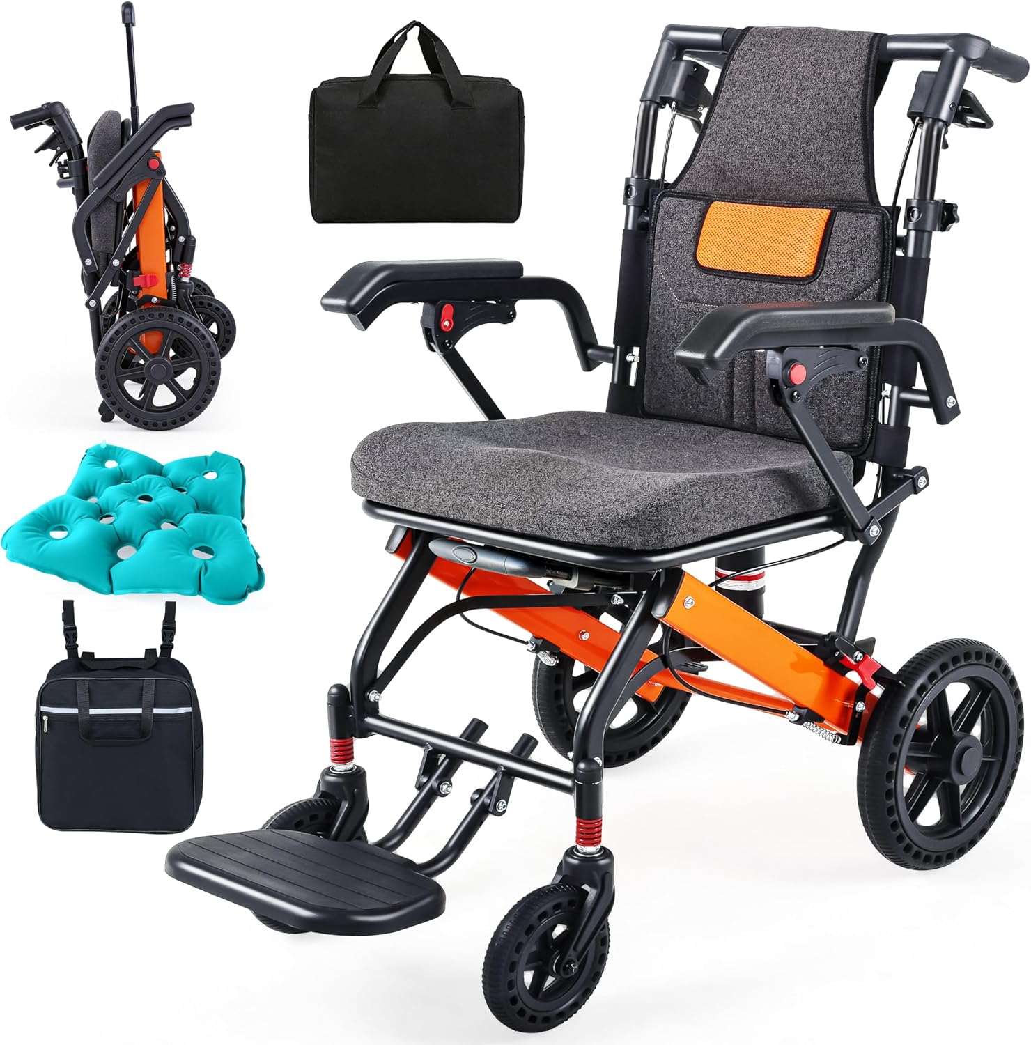 EYRAL Super Lightweight Portable Transit Travel Wheelchair, (Weight 24lbs) Orange