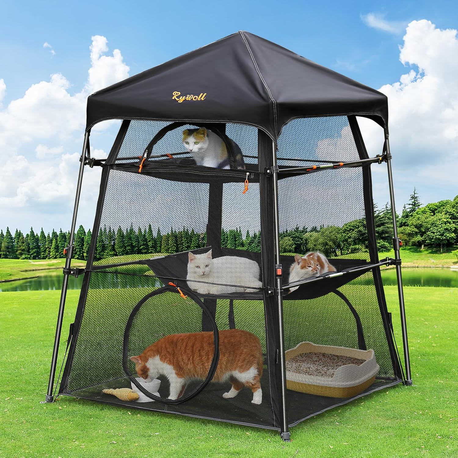 Rywell Extra Large Triple Outdoor Cat Enclosure, Pop Up Cat Tent Outdoor