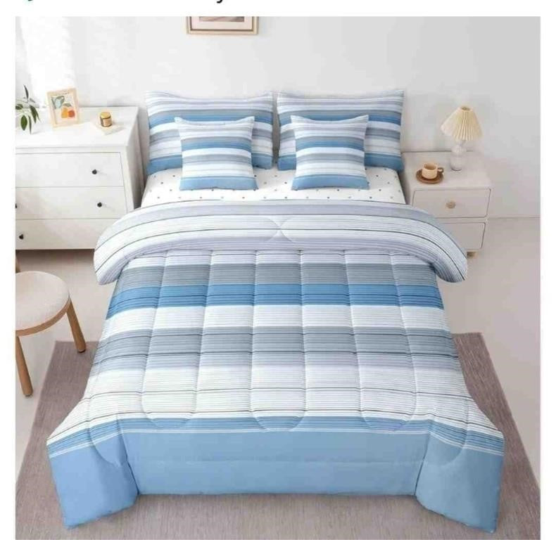 Feelyou Geometric Bed, Full Size Blue 7 Pieces Comforter Set