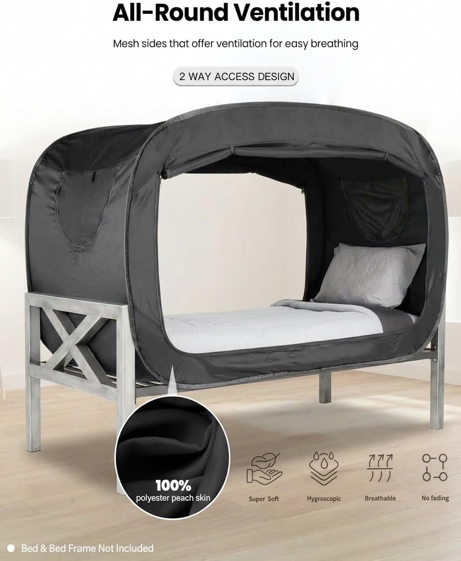 Pop Up Privacy Tent for Indoor Use Bed, Tent Double Door with Mosquito Mesh BLACK