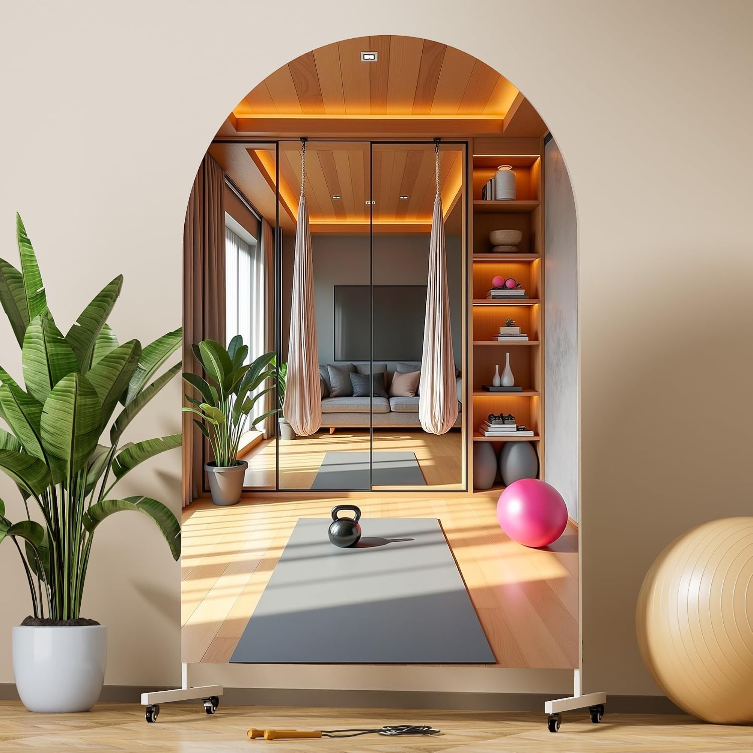 Hasipu 67" x 40" Arched Full Length Mirror on Wheels, White