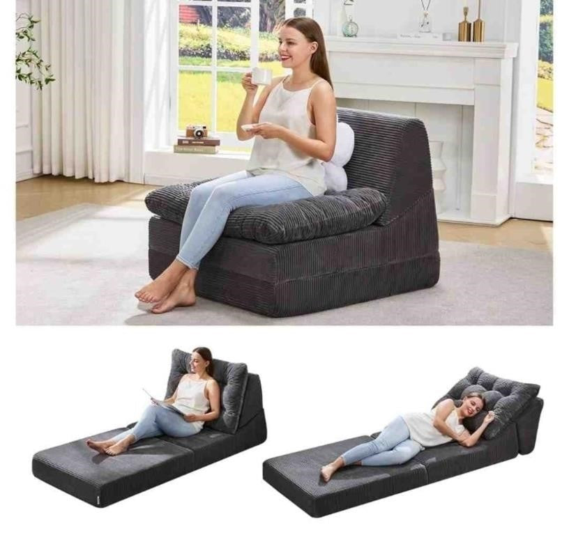 Hobestluk Adult Folding Sofa Bed, Large Comfy Floor Lounger, Cordury Grey