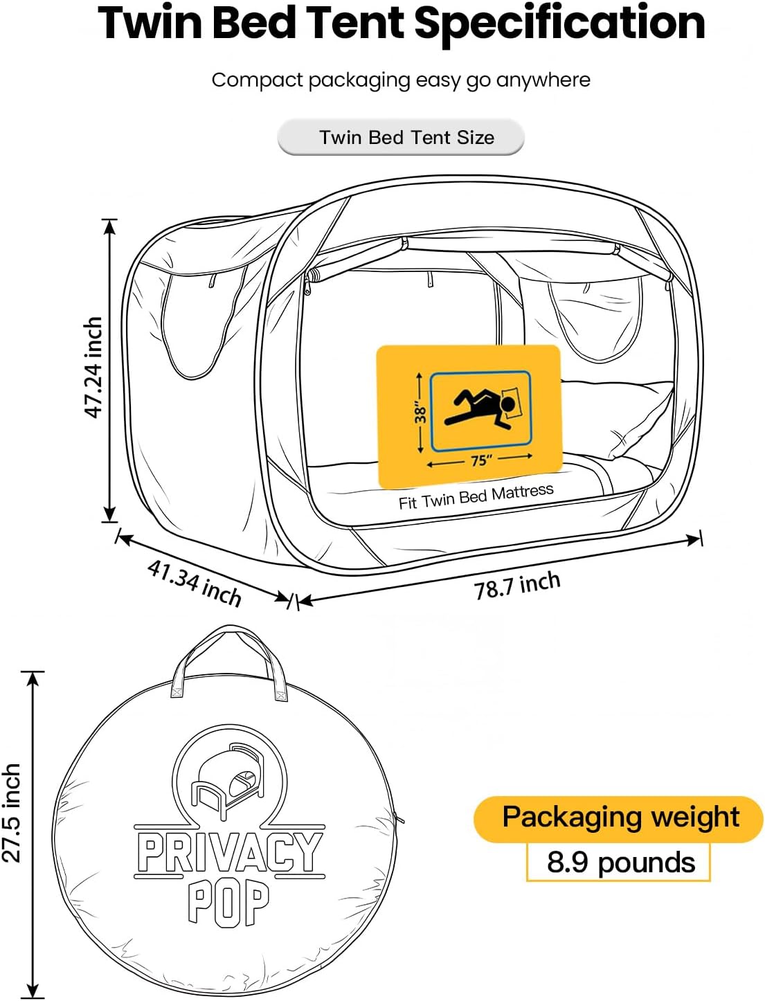 Pop Up Privacy Tent for Indoor Use Bed, Tent Double Door with Mosquito Mesh BLACK