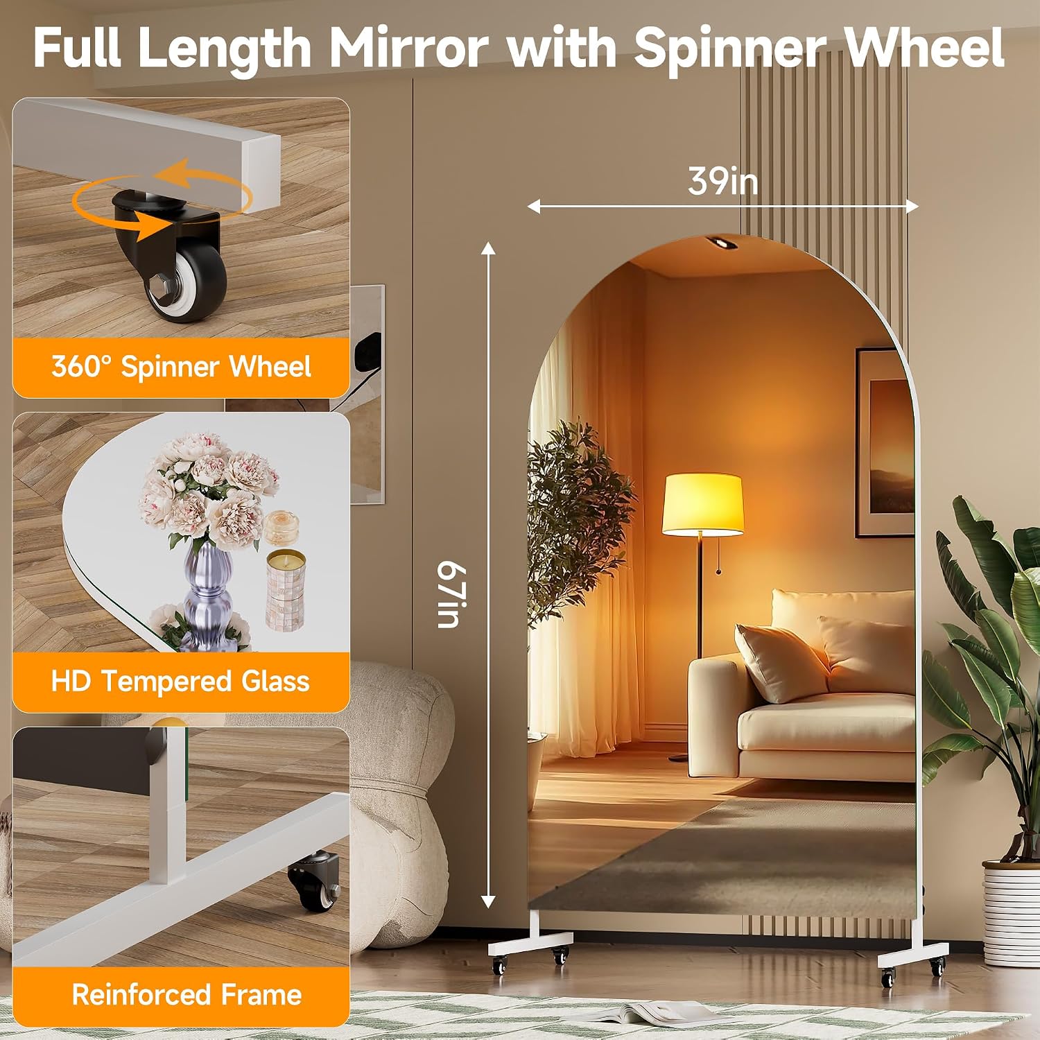 Hasipu 67" x 40" Arched Full Length Mirror on Wheels, White