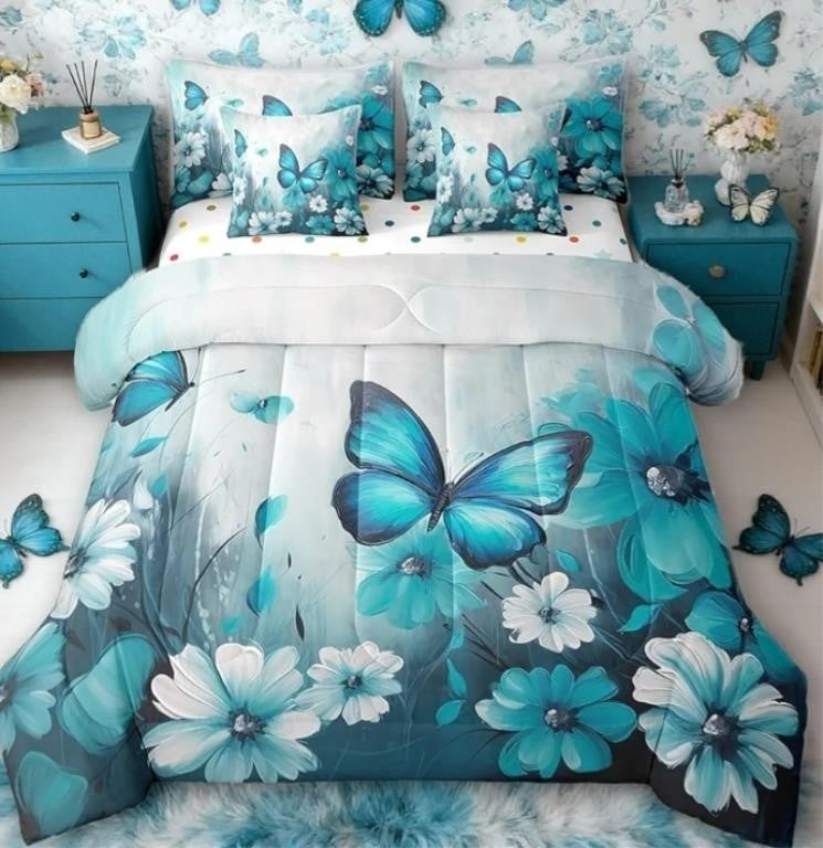 Erosebridal Butterfly Flowers Bed, Queen Size, 7 Piece, Blue White