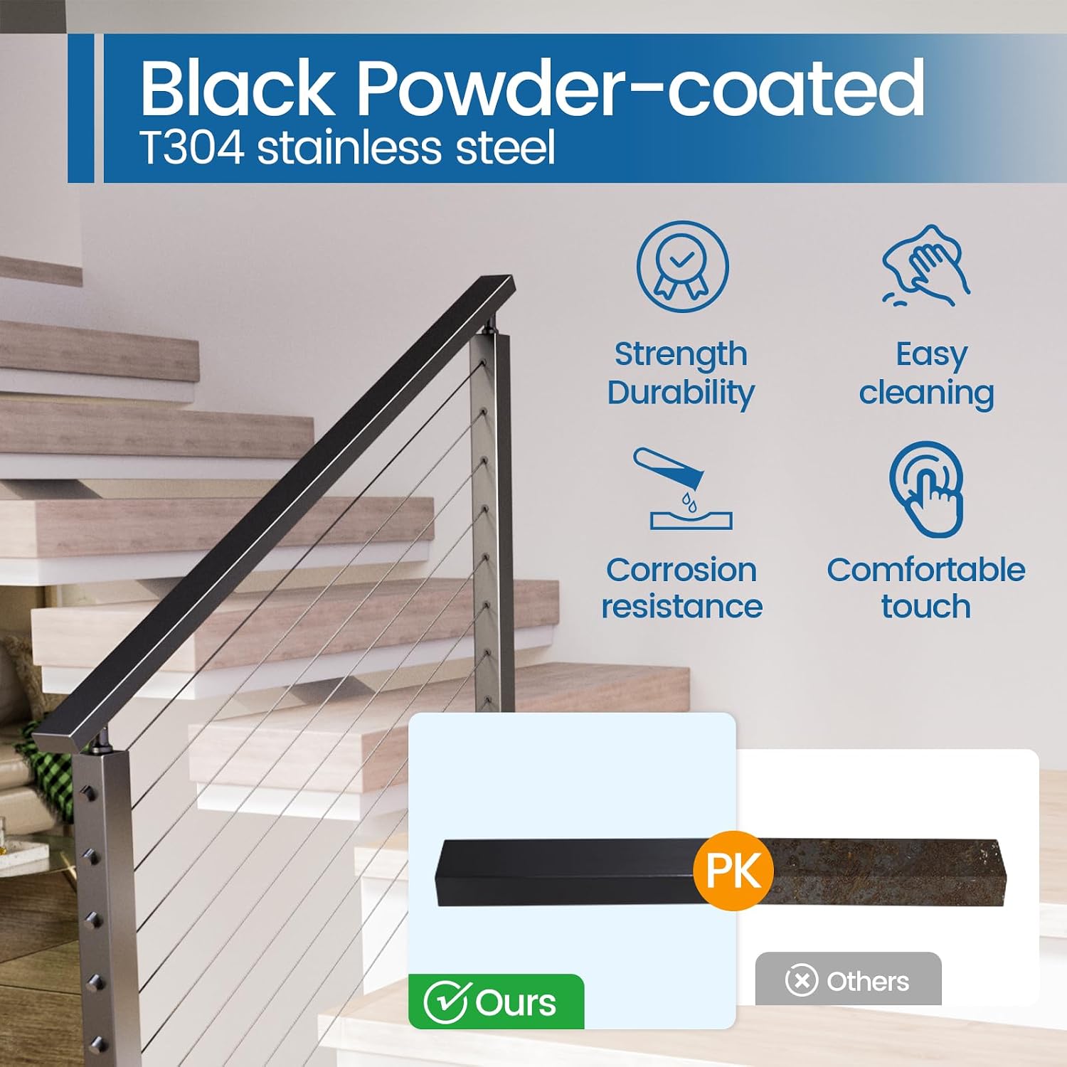 Muzata 6'6" Black Stainless Steel Cable Railing Handrail HT10 BP4