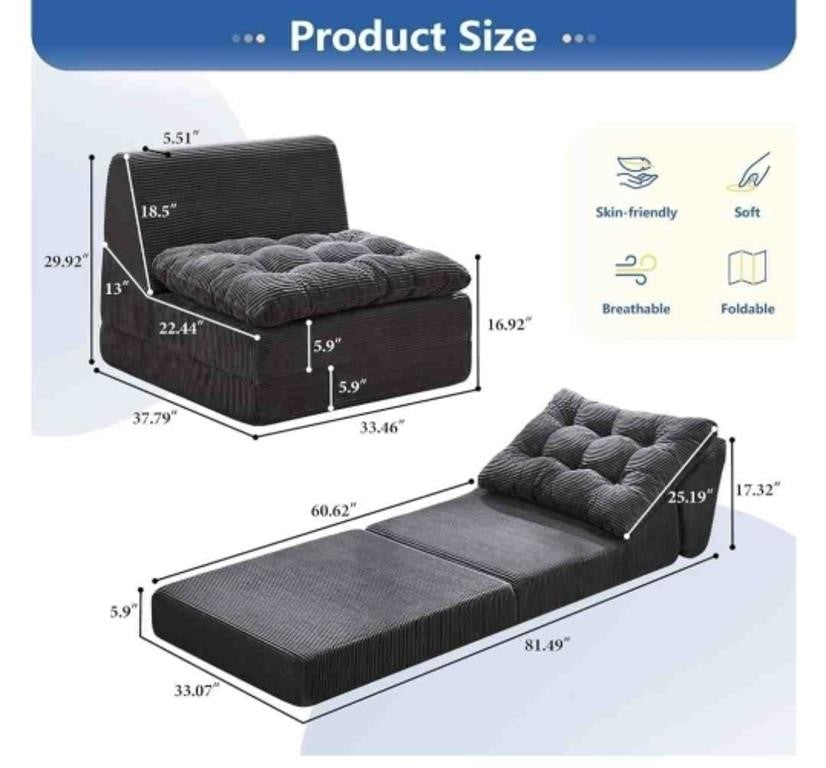 Hobestluk Adult Folding Sofa Bed, Large Comfy Floor Lounger, Cordury Grey