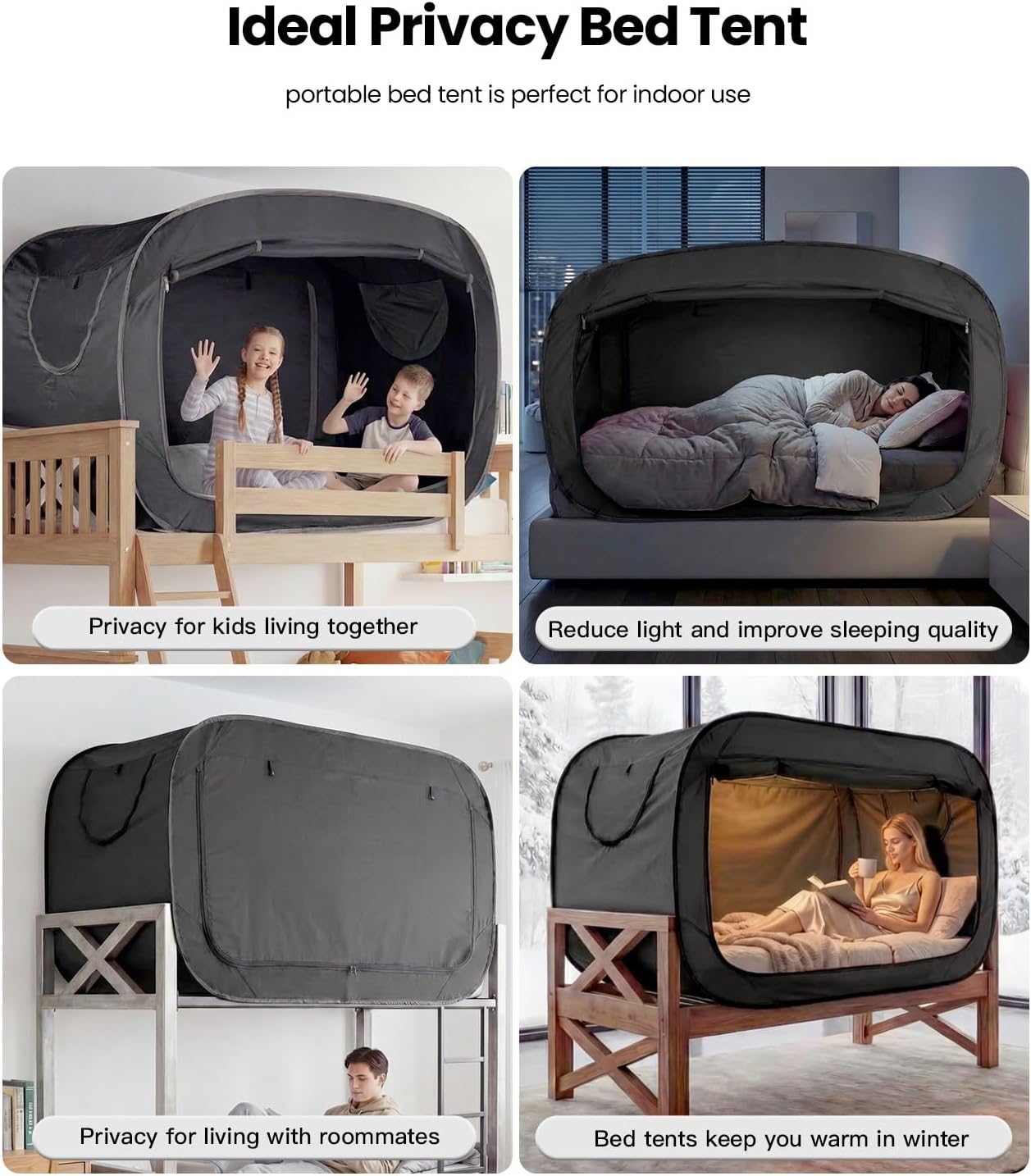 Pop Up Privacy Tent for Indoor Use Bed, Tent Double Door with Mosquito Mesh BLACK