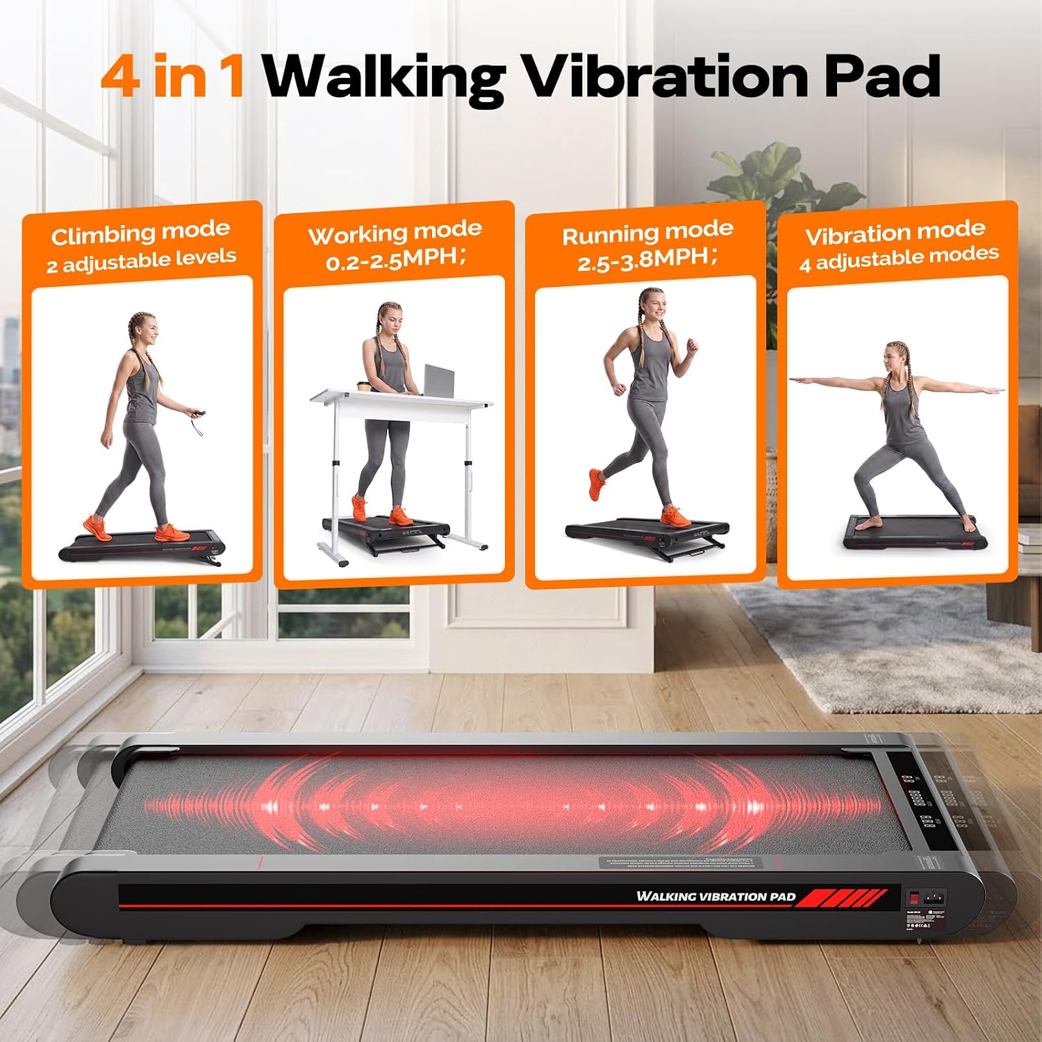 Walking Treadmill Pad with Vibration, 3.8 MPH Under Desk Treadmill with Incline