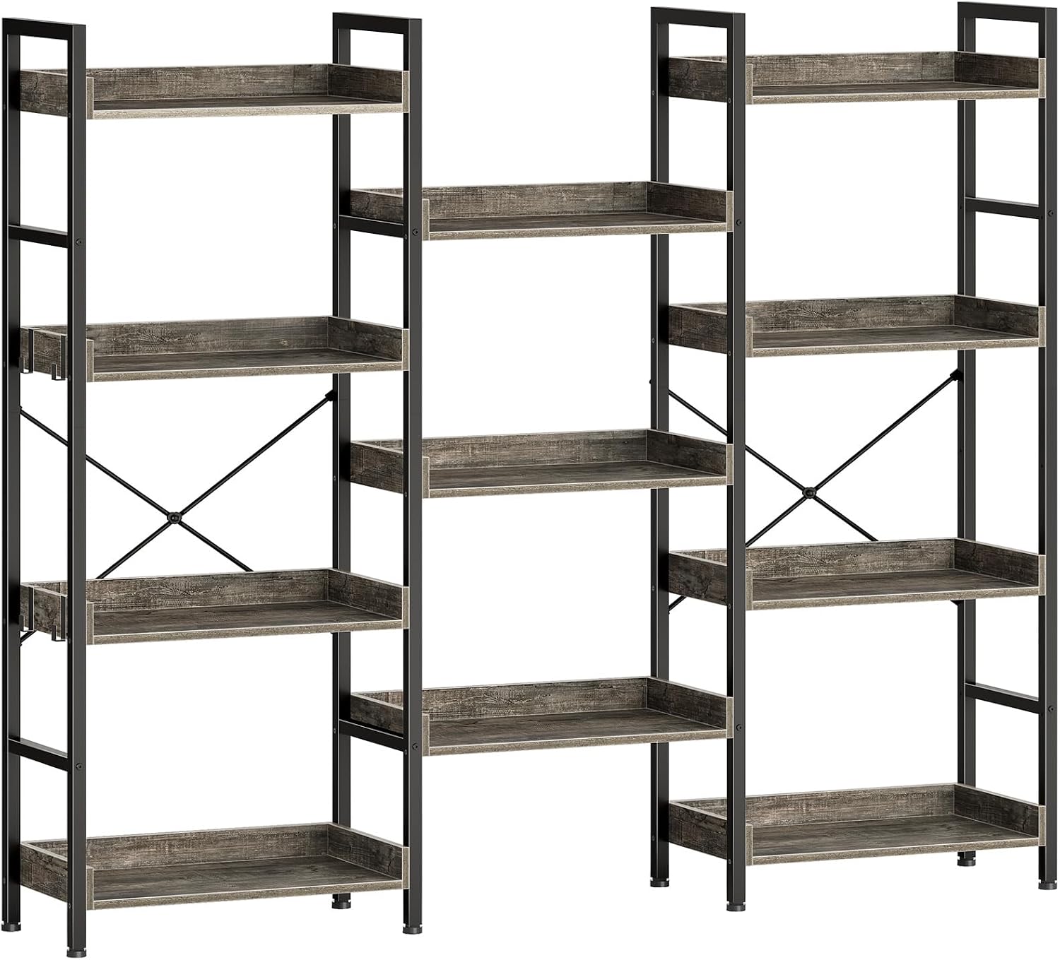 Rolanstar Triple Bookshelf, 4 Tier Industrial Bookshelf with Metal Frame, BC019-GY136-RR-VC, Grey