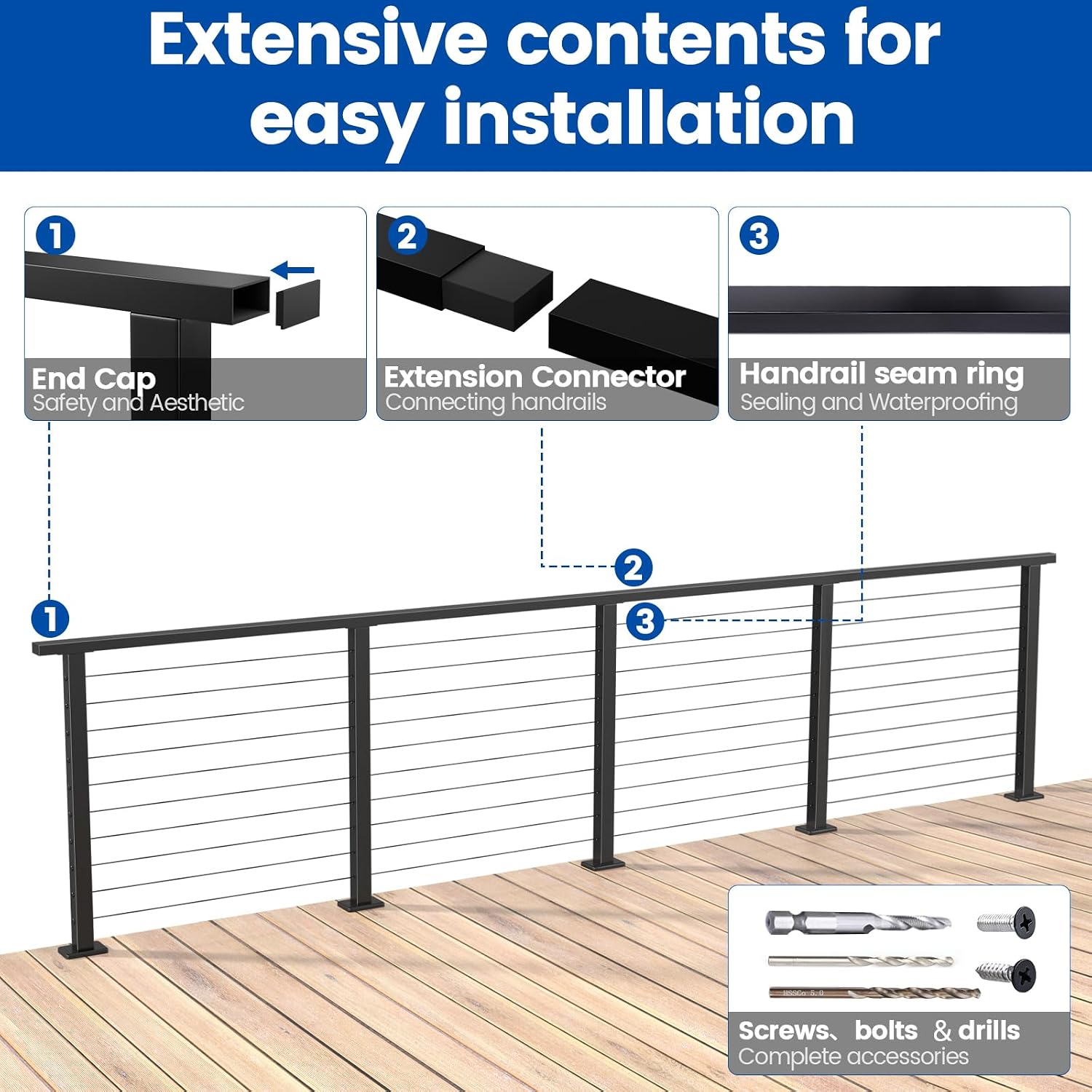 Muzata 6'6" Black Stainless Steel Cable Railing Handrail HT10 BP4