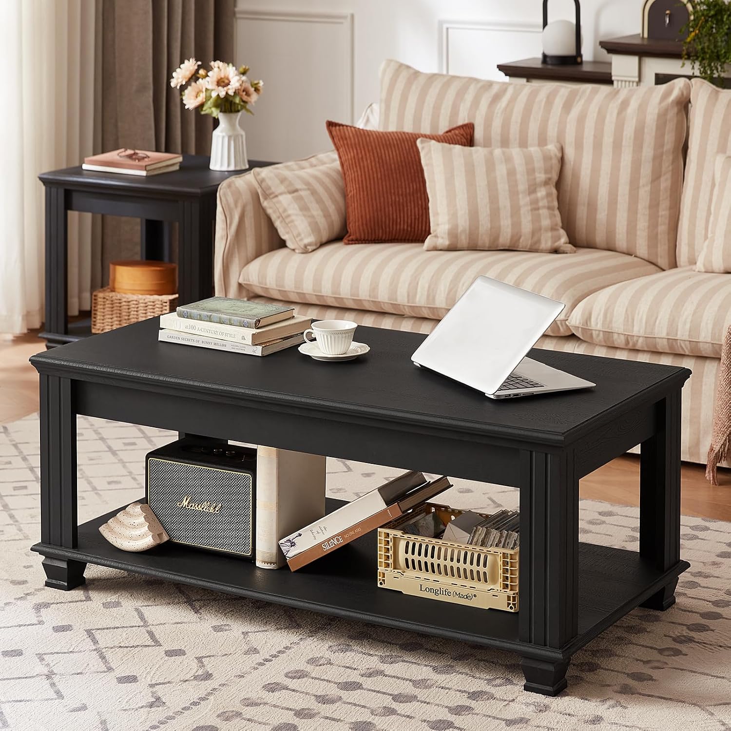 SAVOR LIFE Farmhouse Coffee Tables, Rustic Wooden Center Table,Black