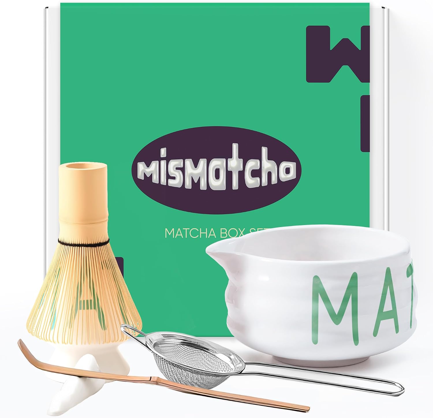 mismatcha Matcha Whisk Set with Pink Hearts - 5 Piece Gift Set ('Matcha')