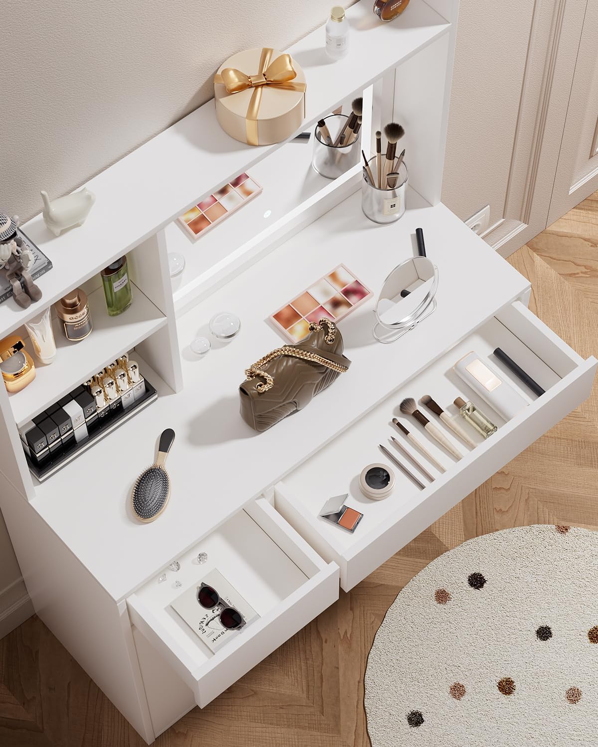Vanity Desk, Makeup Table with Mirror and Lights, 90cm White