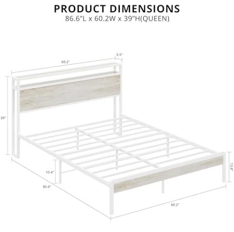 Queen Bed Frame with 2-Tier Storage Shelf Headboard
