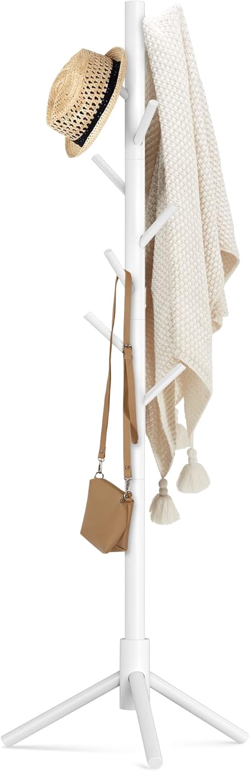 Haddockway Wooden Coat Rack Stand with 8 Hooks, WHITE