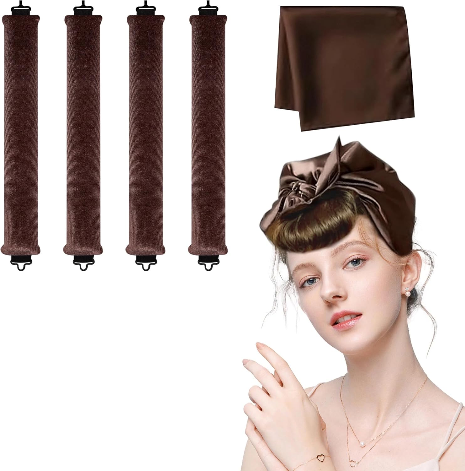Heatless Hair Curler with Scarf Brown Overnight Rods Jumbo Heatless