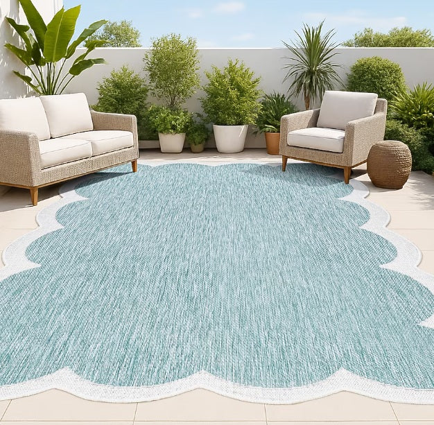 Classic Rug Cottage Two-Tone Scalloped Turquoise/Cream 8 ft. x 10 ft.