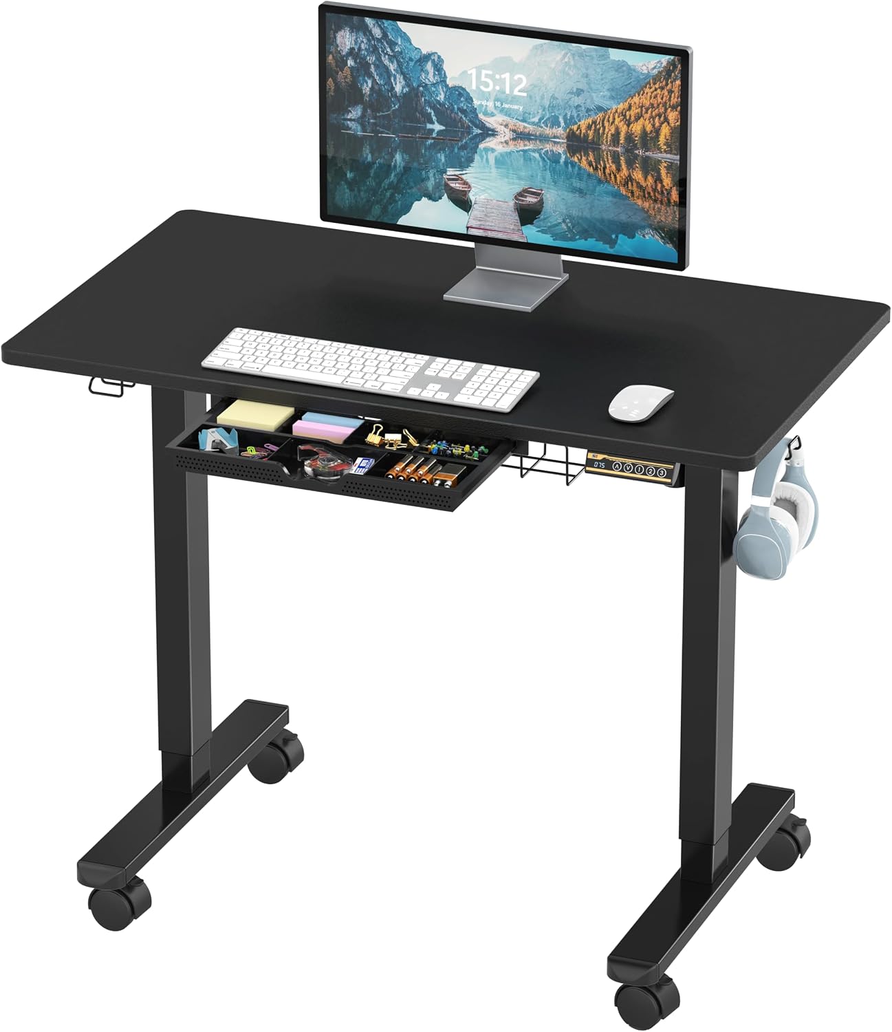 SHW Mobile Electric Height Adjustable Standing Desk w/Drawer, 102 cm Wide Top