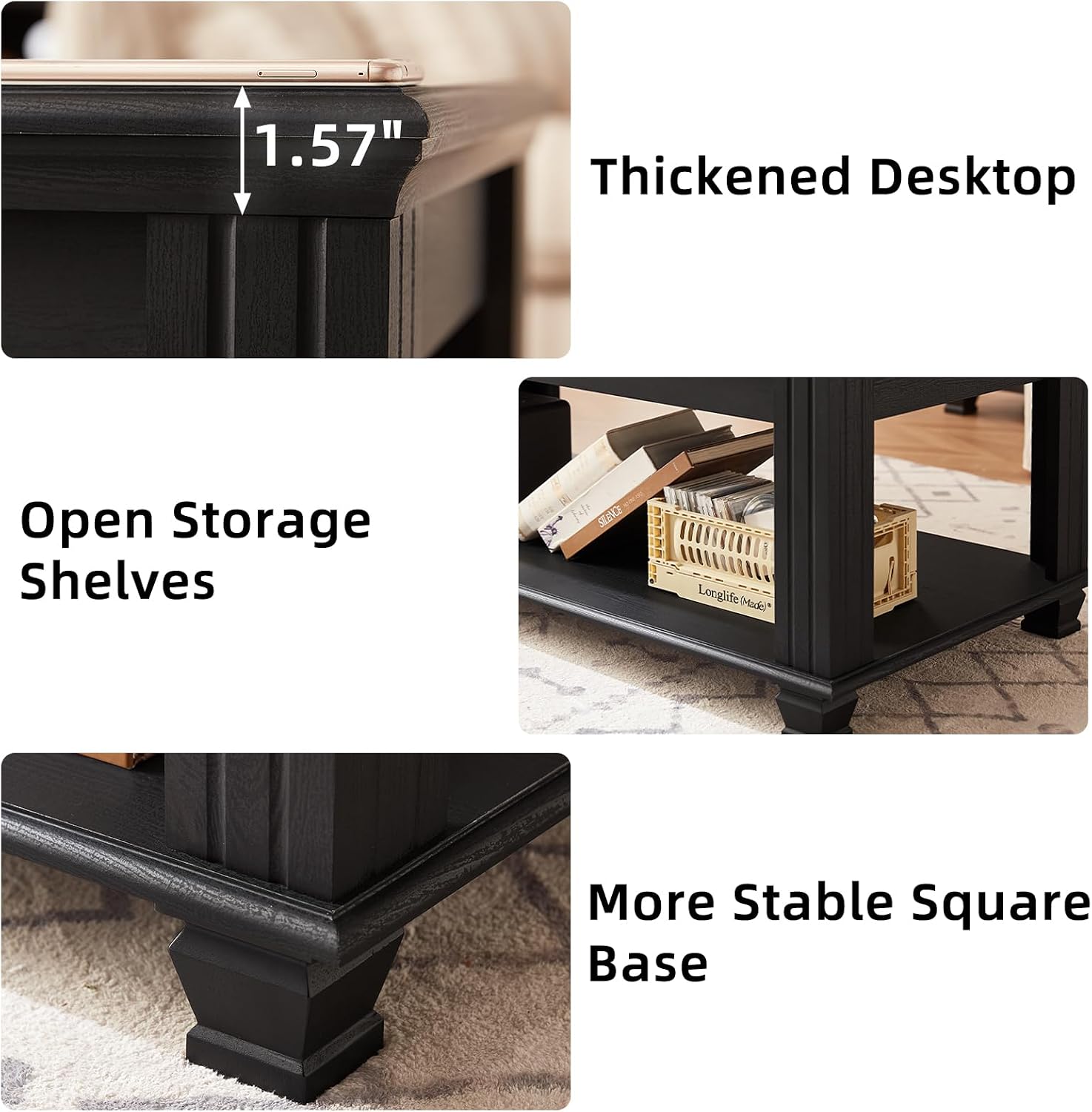 SAVOR LIFE Farmhouse Coffee Tables, Rustic Wooden Center Table,Black