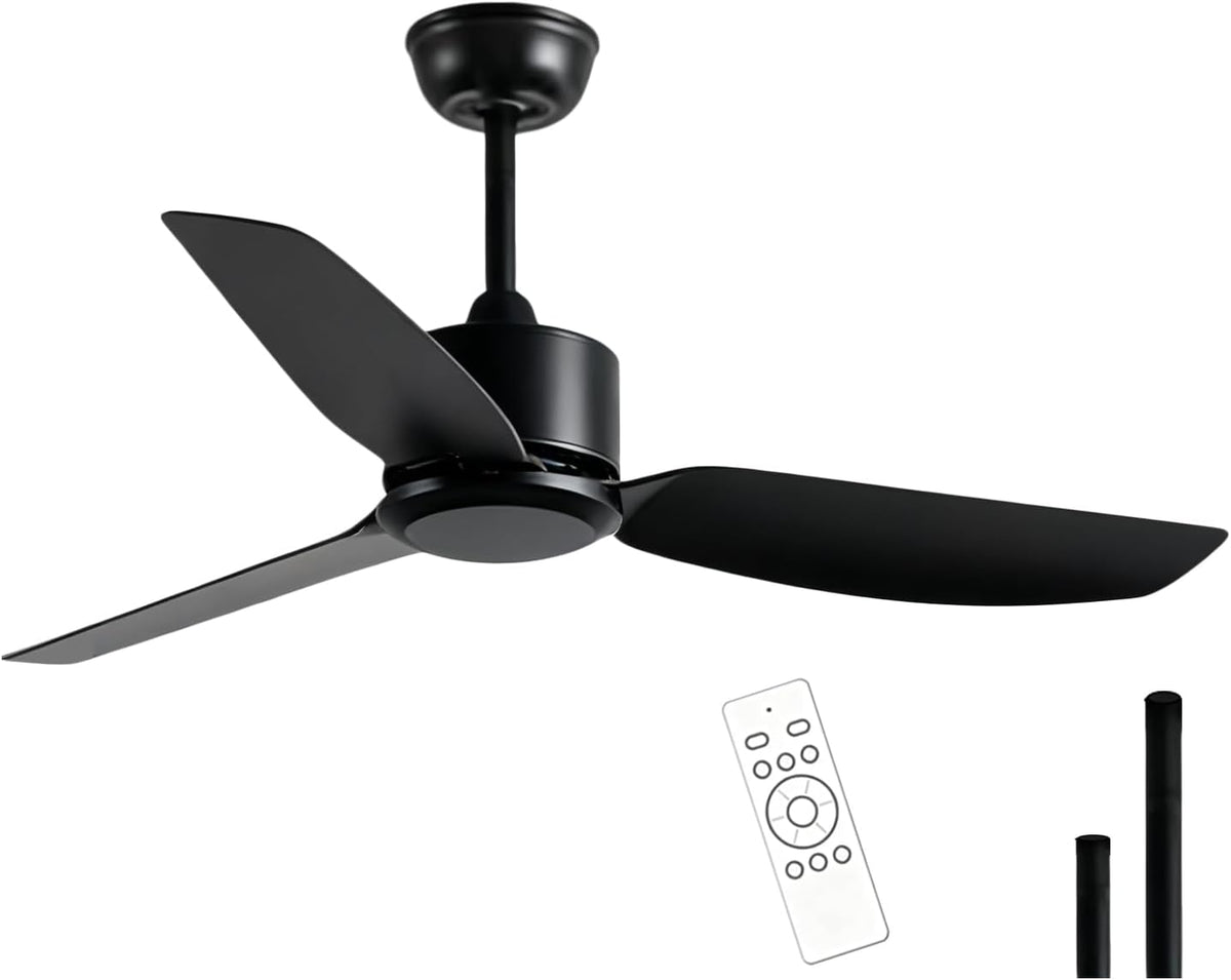 Black Ceiling Fan No Light with Remote Control, 40inch Indoor Outdoor