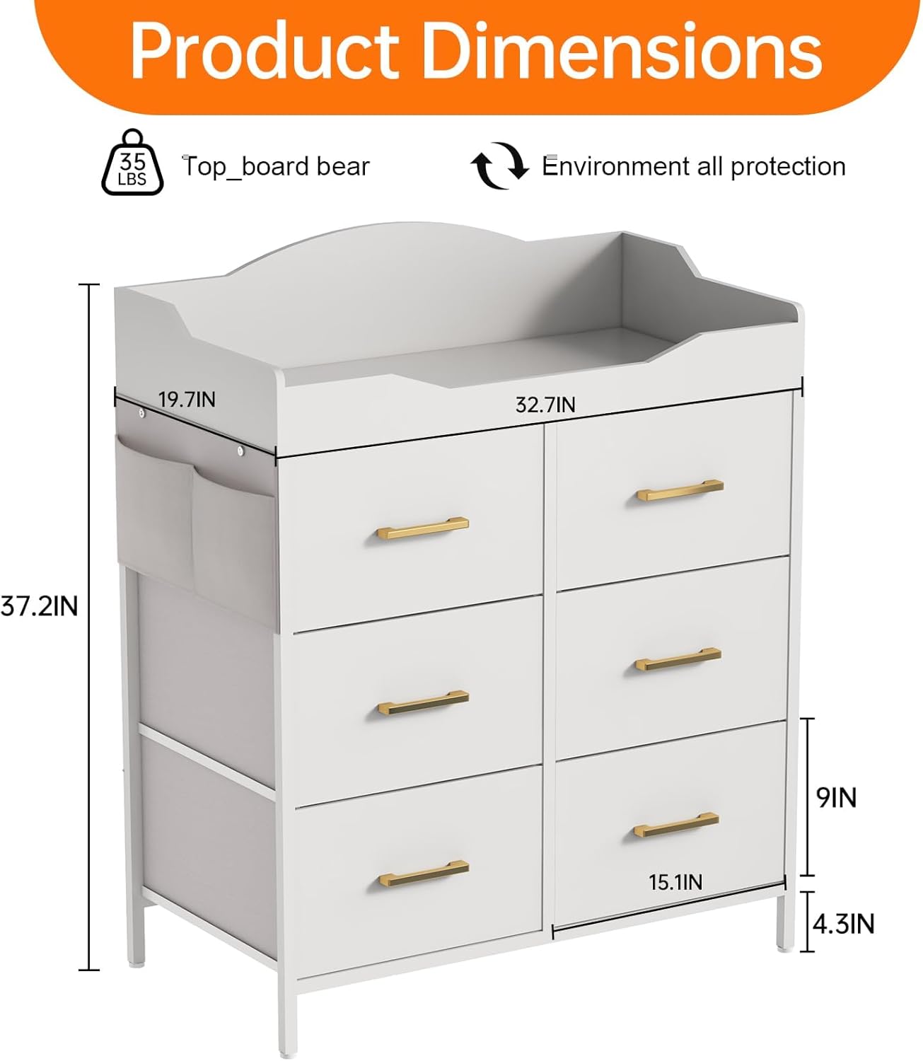 White Changing Table Dresser with 6 Fabric Drawers and Side Pockets