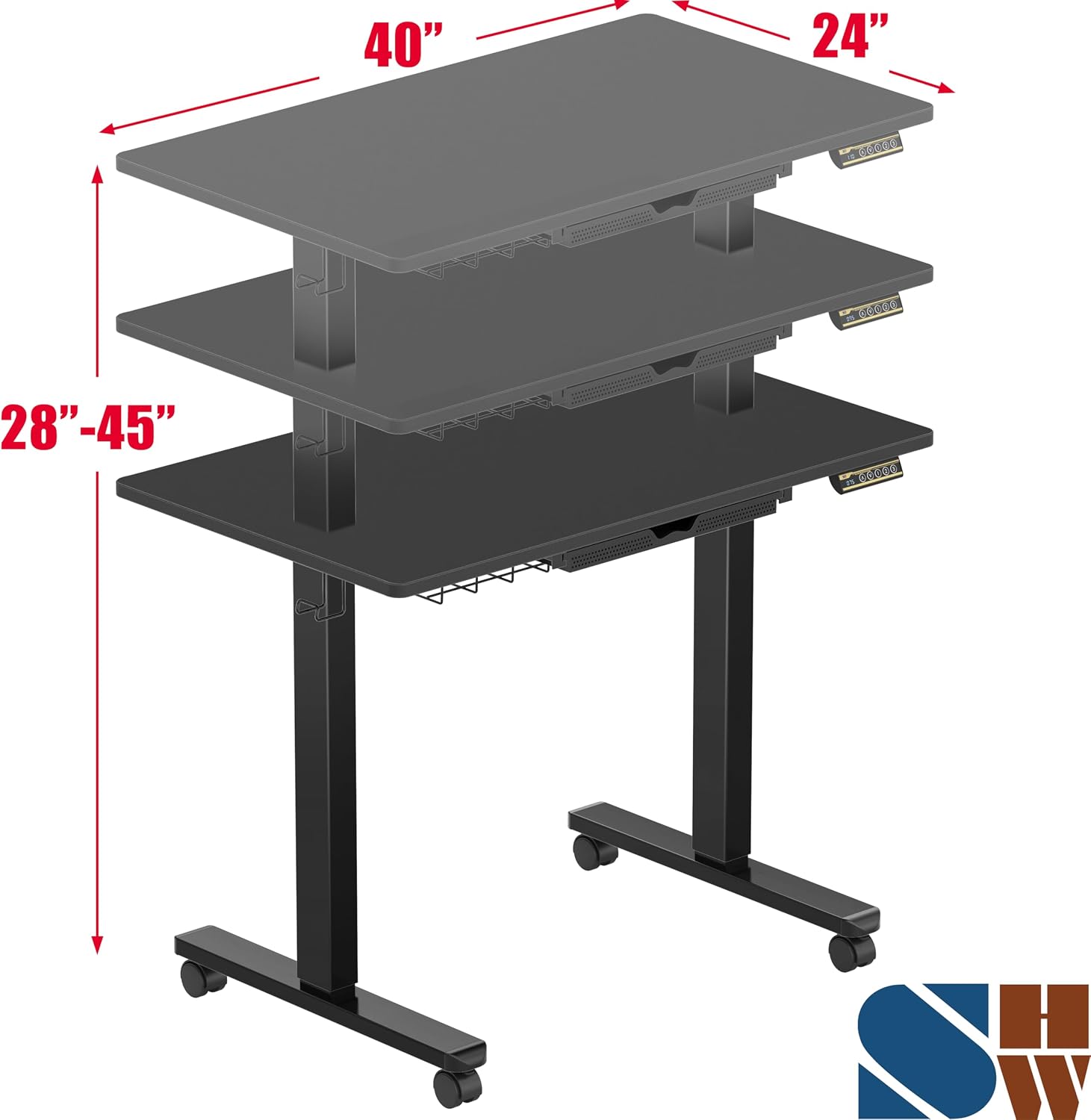 SHW Mobile Electric Height Adjustable Standing Desk w/Drawer, 102 cm Wide Top