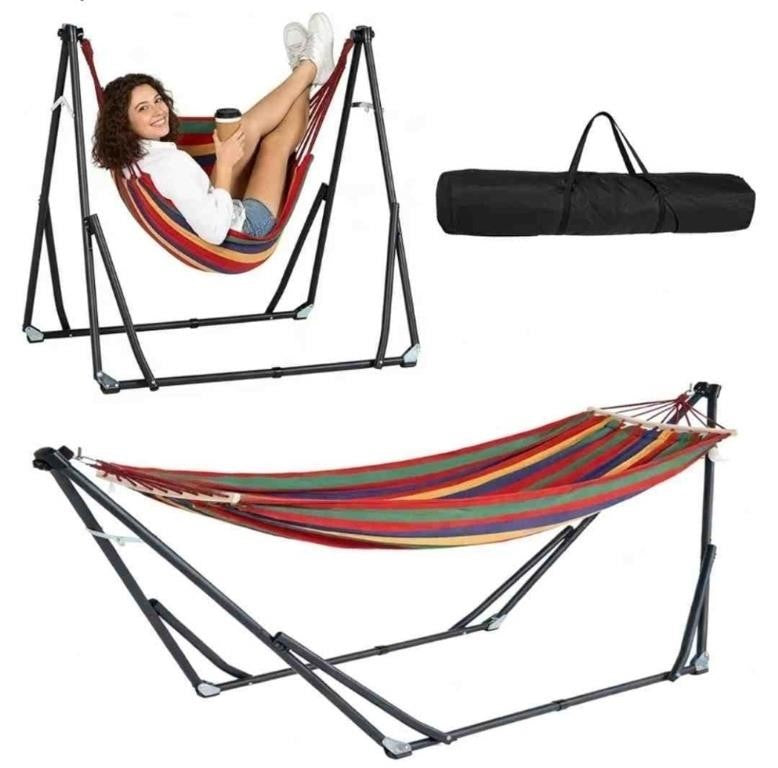 DlandHome Adjustable Hammock with Stand,2 Person 2-in-1,Multi-Functional Double (Color-Stripe)