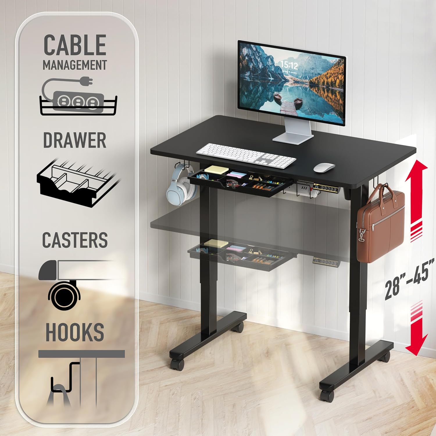 SHW Mobile Electric Height Adjustable Standing Desk w/Drawer, 102 cm Wide Top