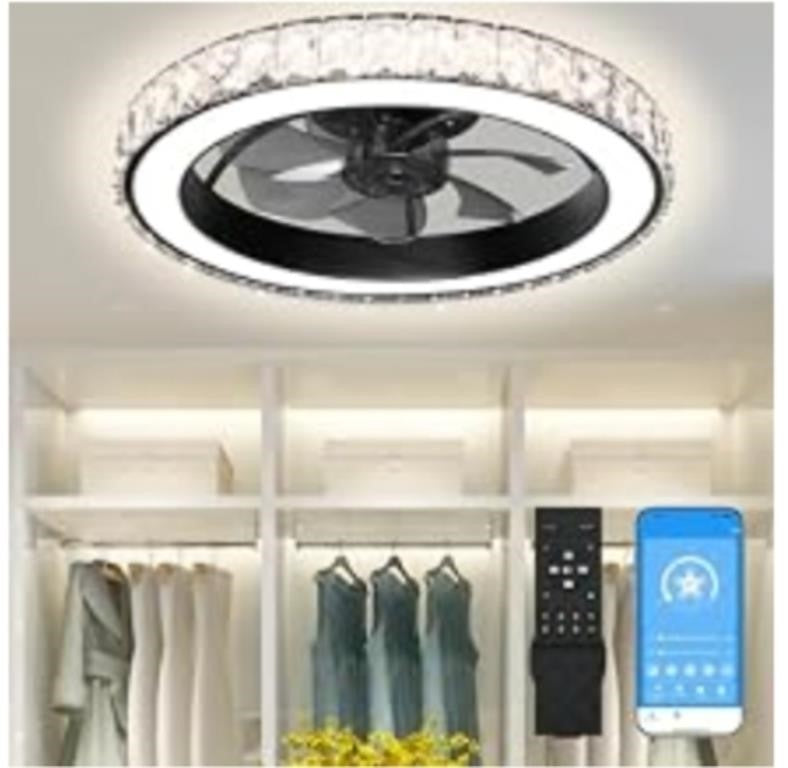 Aipsun Low Profile Modern Crystal Chandelier Ceiling Fans, 26" BLACK