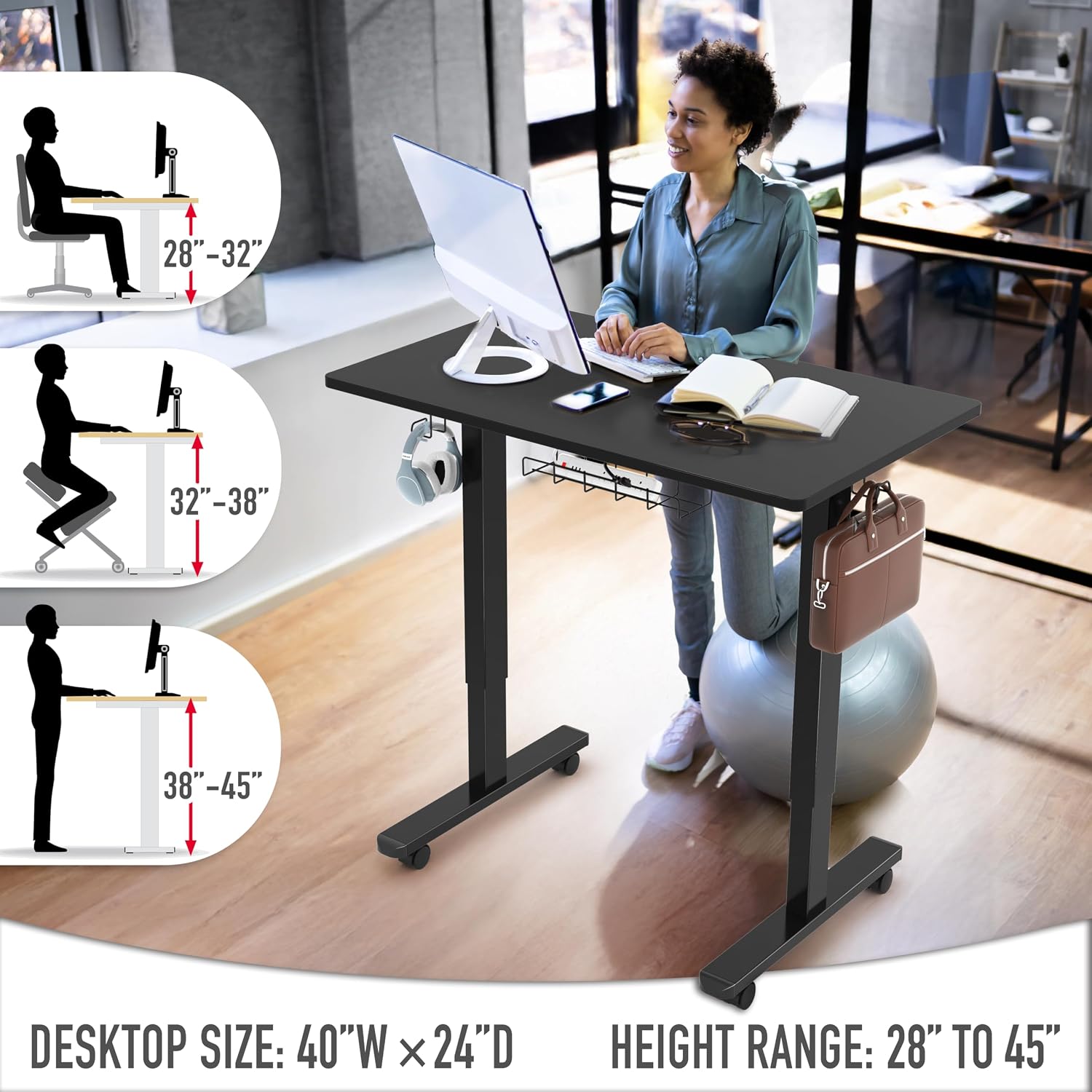 SHW Mobile Electric Height Adjustable Standing Desk w/Drawer, 102 cm Wide Top
